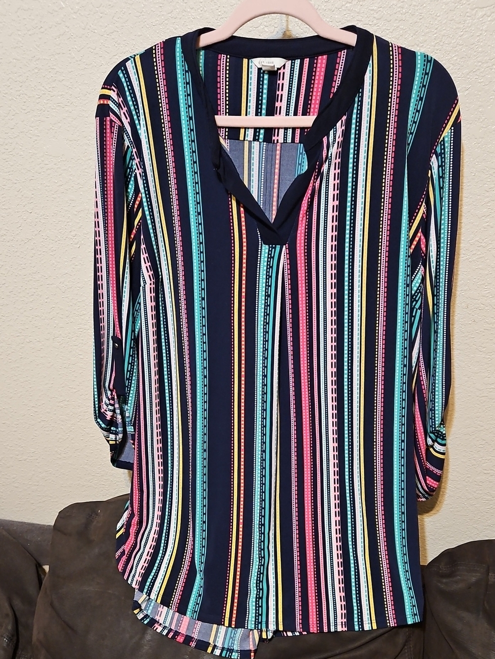 Cato Navy Striped V-Neck Tunic with Pink, Teal & Yellow Accents